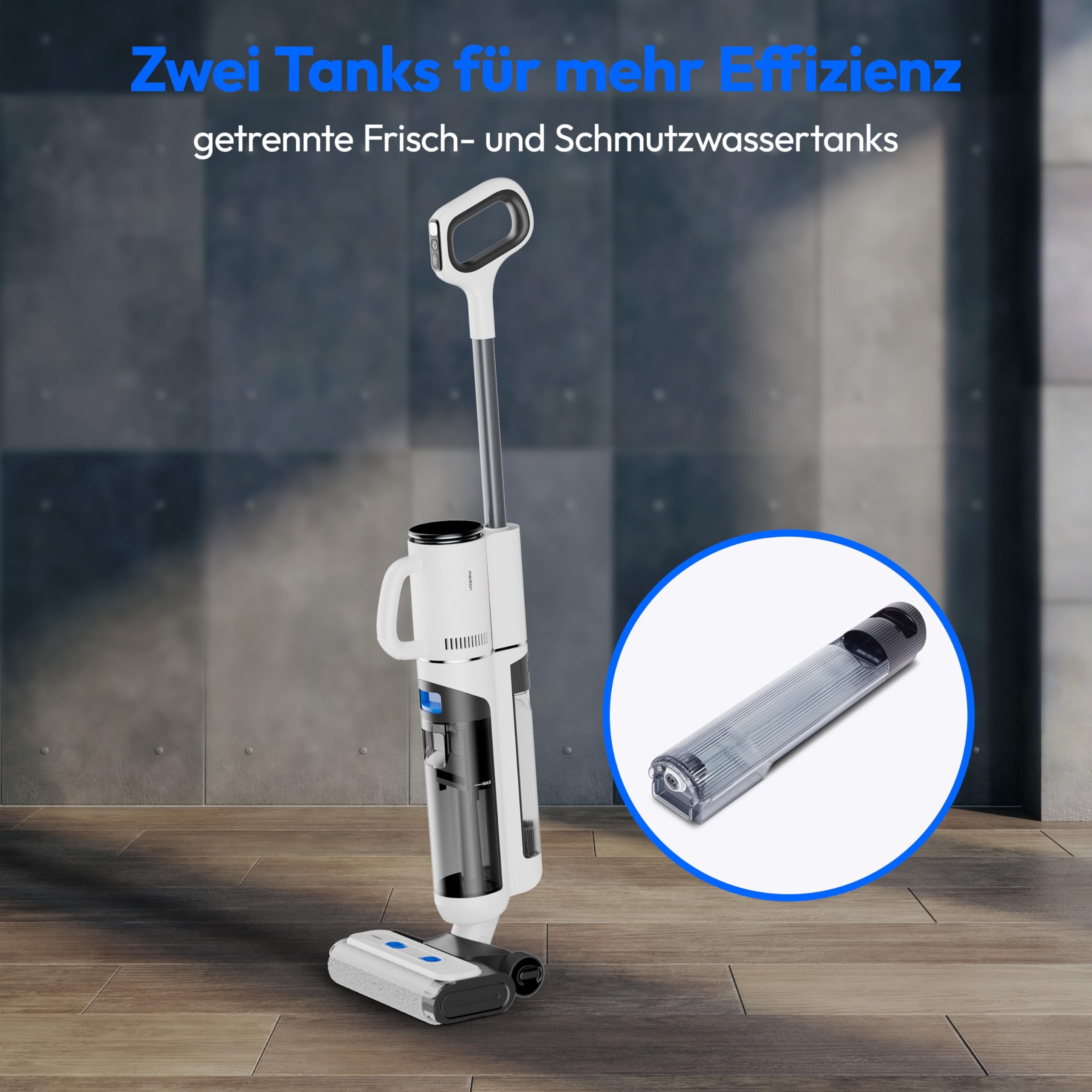 MEDION Nass Trockensauger H30 (2in1 kabelloser Saugwischer und Akku Staubsauger, bis zu 45 Min Laufzeit, getrennter Frischwasser Schmutzwassertank, Wischsauger für Hartböden Teppich) 3