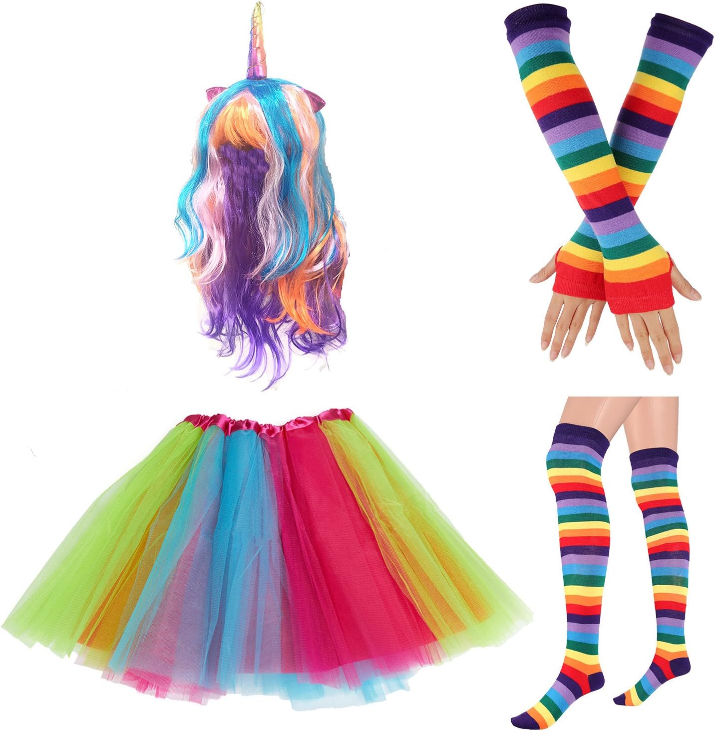 80s Womens Accessory Set,Tutu Skirt,Unicorn Headband, Unicorn Wigs Rainbow Long Gloves Socks,Rainbow Suspenders w/Bow-tie