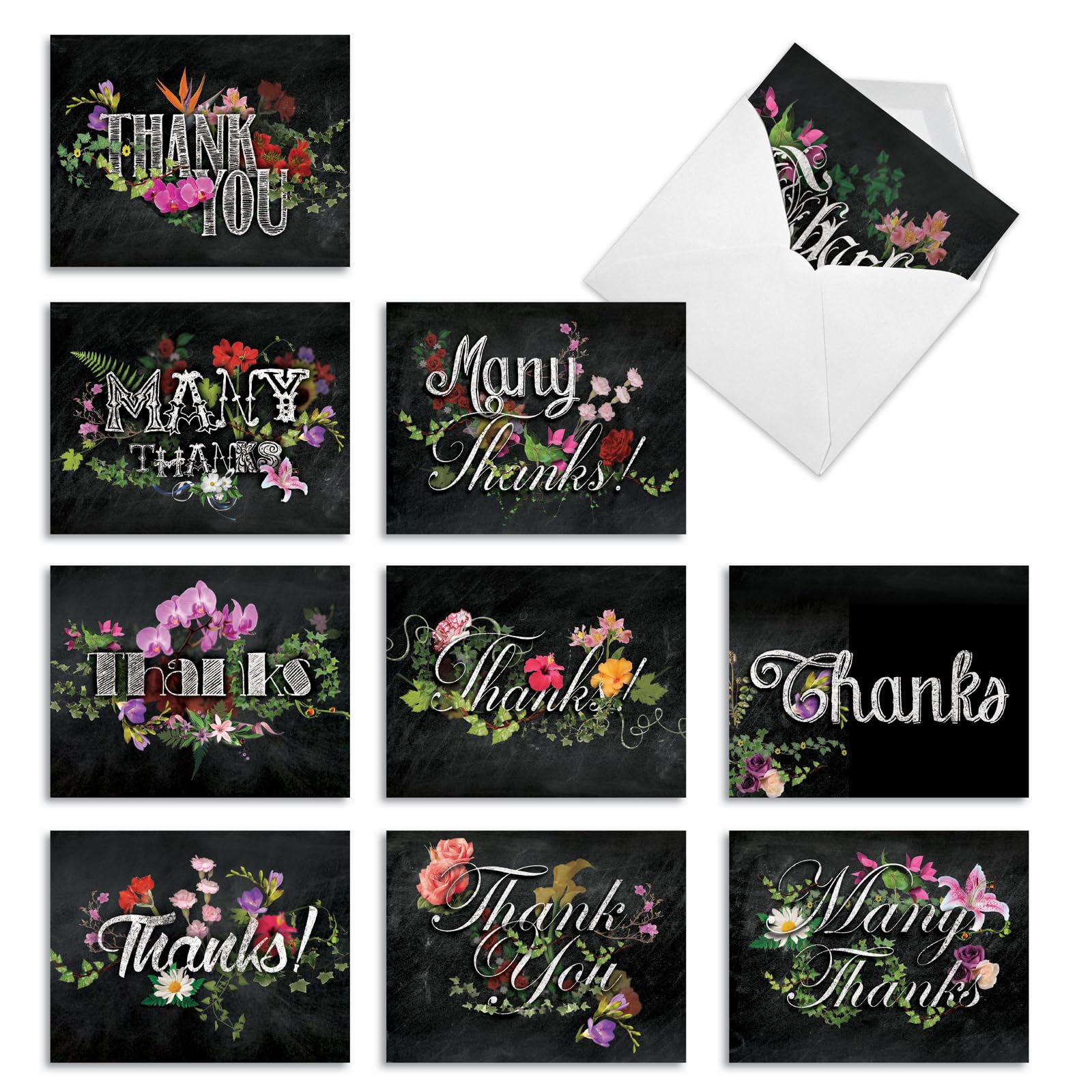 10 'Chalk and Roses' Thank You From the Teacher Assortment' Note Cards w/ Envelopes, Assorted Set of Thank You Cards from Teachers, Coach, Mentor 4 x 5.12 inch AM2358FTG-B1x10