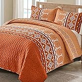 WONGS BEDDING 3 Pieces Quilt Set Queen Size, Burnt Orange/Rust Thanksgiving Quilt Bedspread Bohemian Coverlet Set with 2 Pillowcase, Fall Soft Thanksgiving Bedding Set for All Season 96"×90"