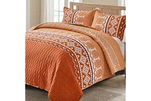 WONGS BEDDING 3 Pieces Quilt Set King Size, Burnt Orange/Rust Halloween Quilt Bedspread Fall Bohemian Coverlet Set with 2 Pillowcase, Soft Thanksgiving Bedding Set for All Season 104"×90"