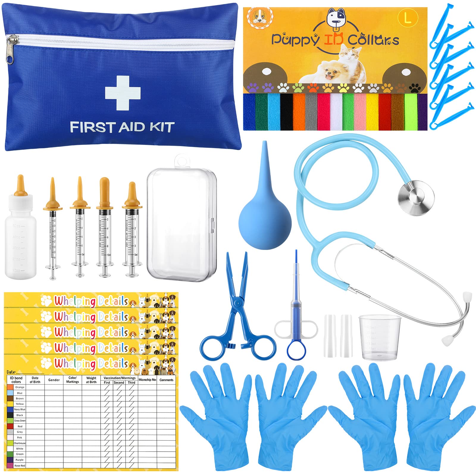 Photo 1 of 48 Pcs Puppy Kitten Whelping Kit Include 4 Puppy Feeding Tube, 6 Record Keeping Charts, 15 Whelping Collars, 15 Cord Clamps, 2 Gloves, Bulb Aspirator, Syringe, Bottle, Scissors, Stethoscope, Bag