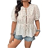 WDIRARA Women's Plus Size Floral Print Peplum Blouse Puff Short Sleeve Bow Front Babydoll Shirt