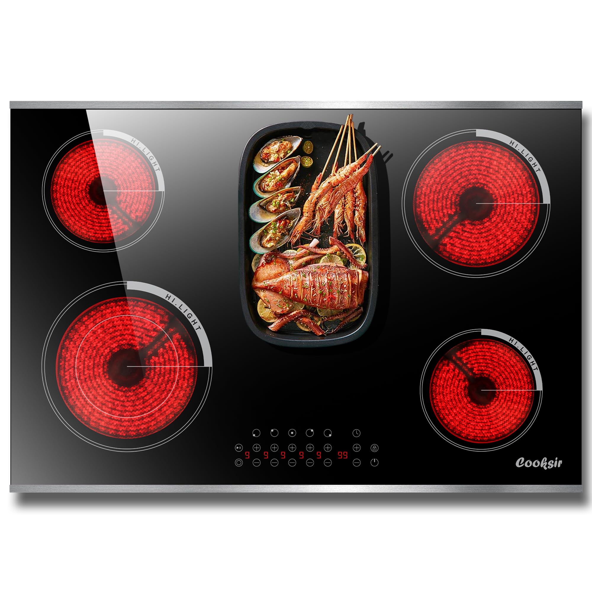 Electric Cooktop 30 Inch - 5 Burner Electric Stove Built-in 8400W High Power, 30 In Ceramic Stove Touch Control with Timer, Safety Lock, Glass Metal Prame, 220-240V Hard Wired (No Plug)