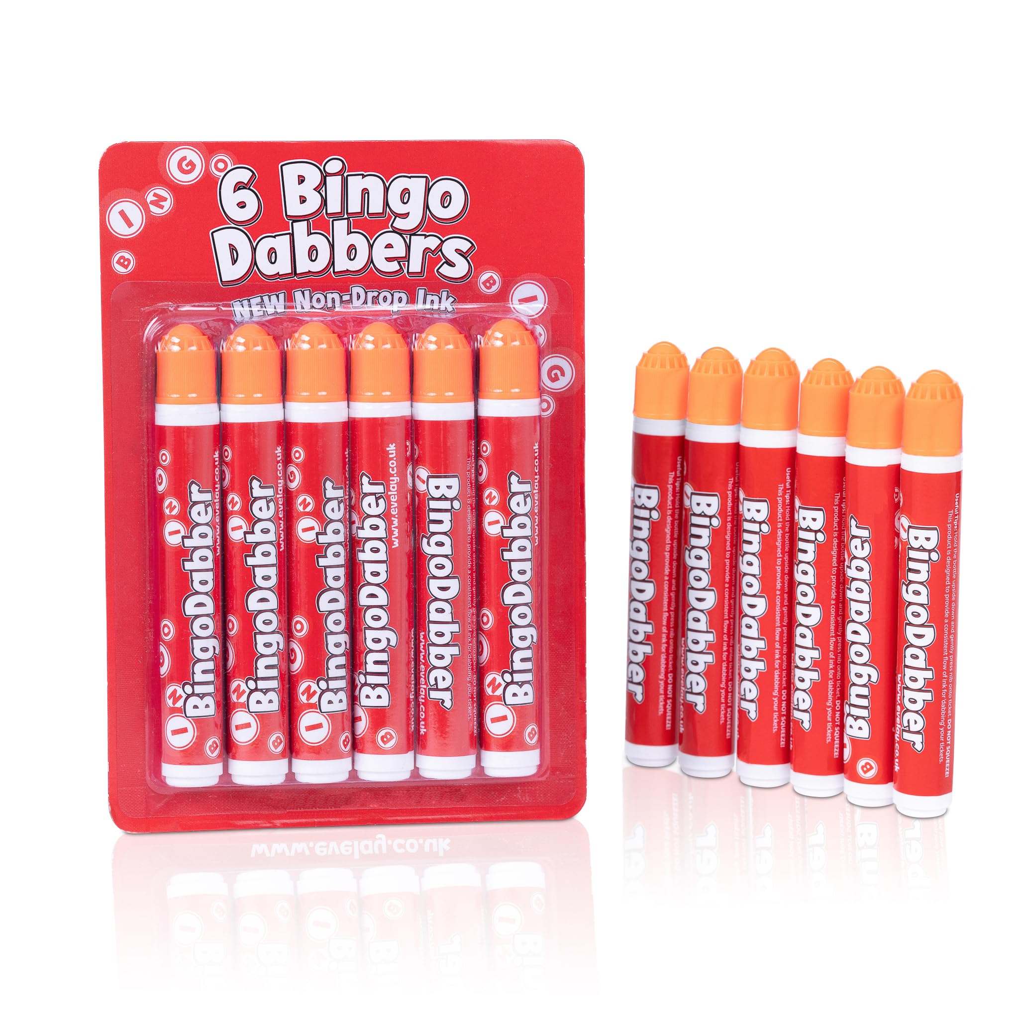 evelay 6 Bingo Dabbers – 20ml Slimline Markers | Assorted or Single Colours | Non-Drip Ink for Smooth Marking | Orange | Long-Lasting Bingo Pens for Home or Club