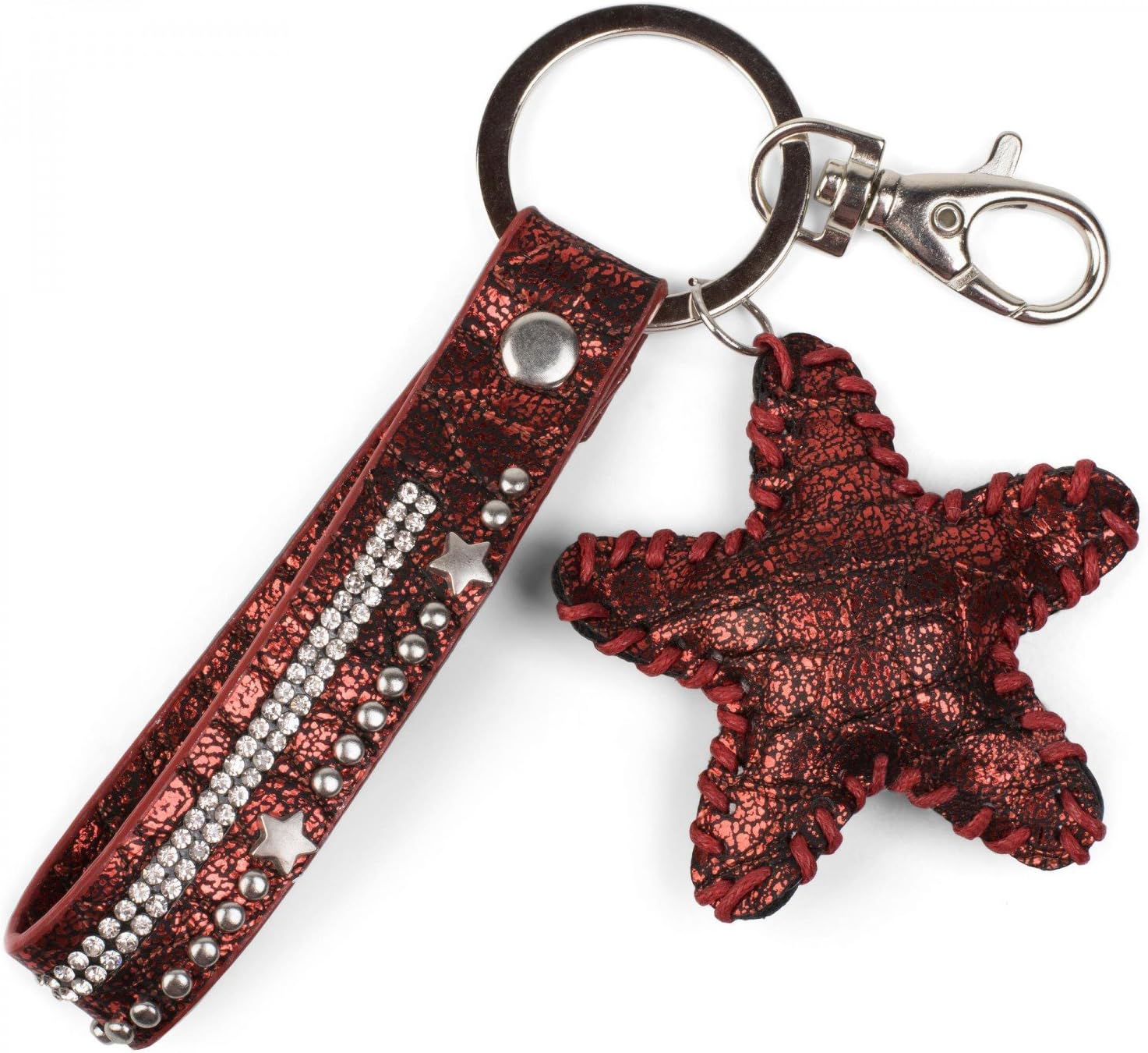 styleBREAKER Keyring Pendant with Rhinestone, Rivets and Star Pendant, Fastening Ring, karabiner, Ladies 05050013, Color:Antique-Dark Red
