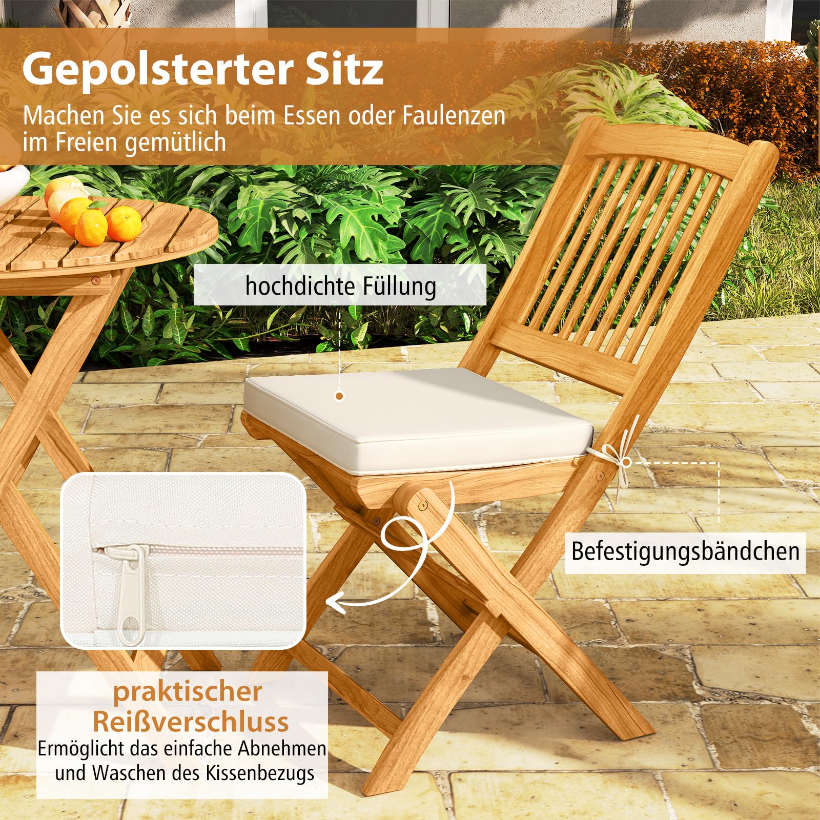 COSTWAY 3tlg. Balkonmöbel Set, Bistrotisch mit 2 Stühlen, klappbares Balkonset aus Akazienholz mit 2 Kissen, Bistroset, Gartengarnitur, Gartenmöbel, Sitzgarnitur, Sitzgruppe für Garten, Balkon (Beige) 7