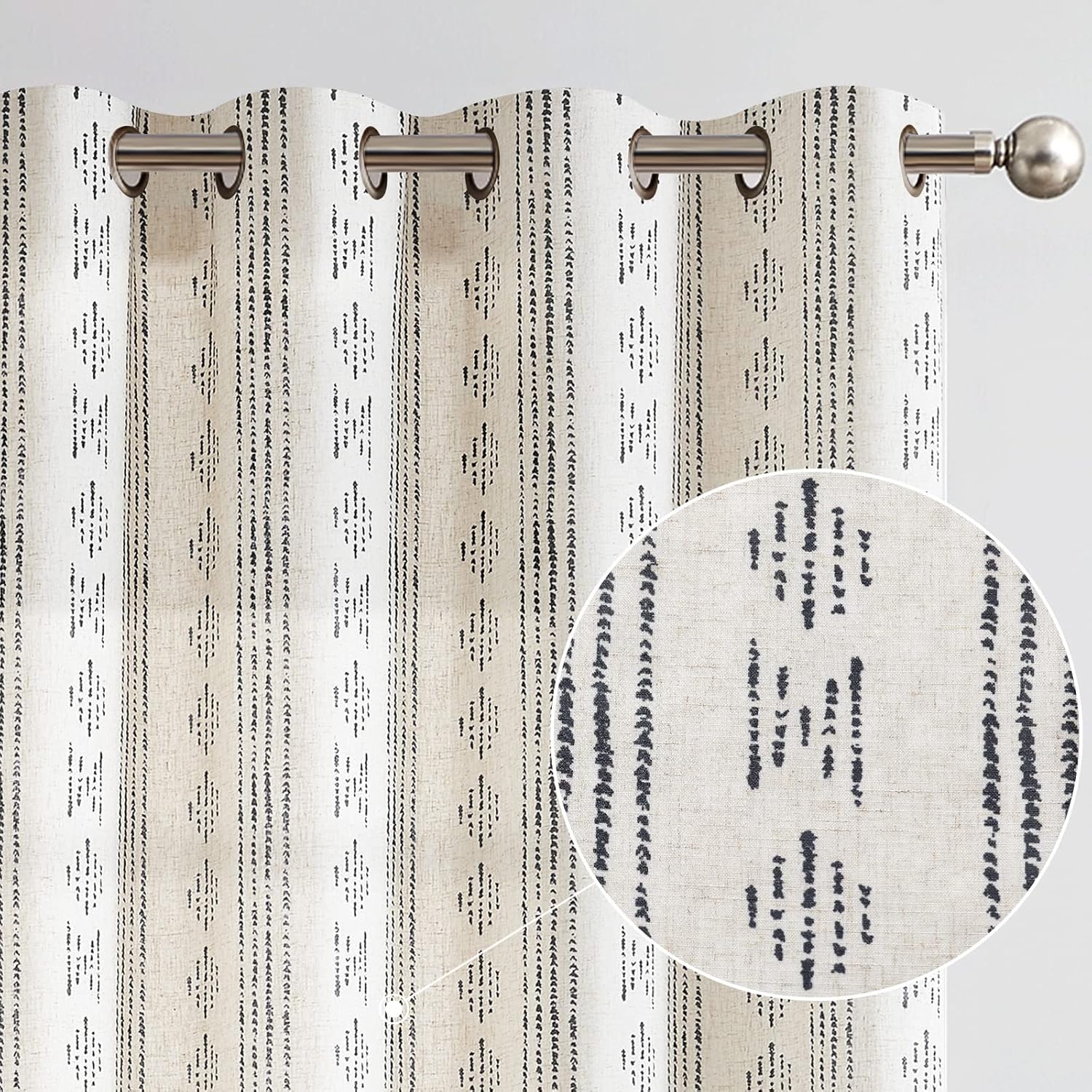 Window Treatments - jinchan Boho Curtains Linen Curtains for Living Room Black Farmhouse Boho Curtains 84 Inches Long Geometric Striped Patterned Mudcloth Grommet Top Curtains 2 Panels Black on Beige