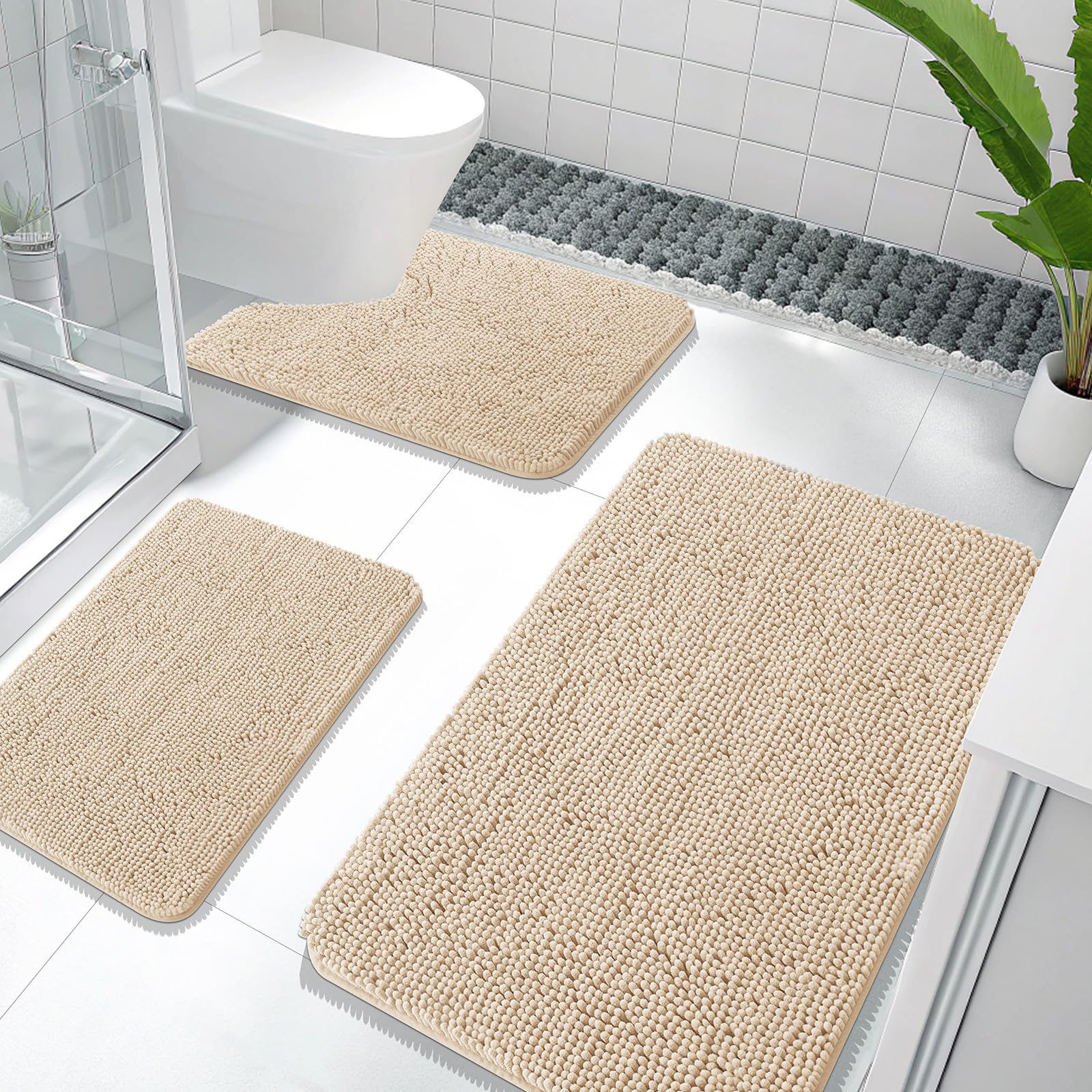 Photo 1 of OLANLY Bathroom Rugs Sets 3 Piece, Soft Absorbent Chenille Bath Mats and U-Shaped Contour Toilet Rug, Quick Dry, Home Decor Accessories, Bath Mat Set for Bathroom (36"x24"+24"x16"+24"x20", Beige)