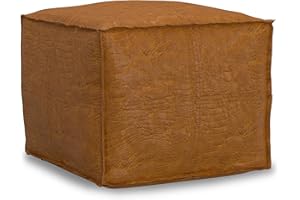 SIMPLIHOME Brody Square Pouf - 18 inch Wide Upholstered Genuine Leather Ottoman in Tan, Boho Footstool, Coffee Table or Extra Seating for Living Room or Bedroom, Assembled