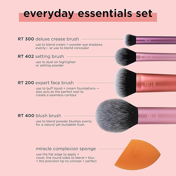 REAL TECHNIQUES 5 PIECE EVERYDAY ESSENTIALS MAKEUP BRUSH SET, INCLUDES 4 BRUSHES & MAKEUP SPONGE, FOR FOUNDATION, BLUSH, BRONZER, CONTOUR, EYESHADOW, & POWDER, TRAVEL GIFT SET, CRUELTY-FREE & VEGAN