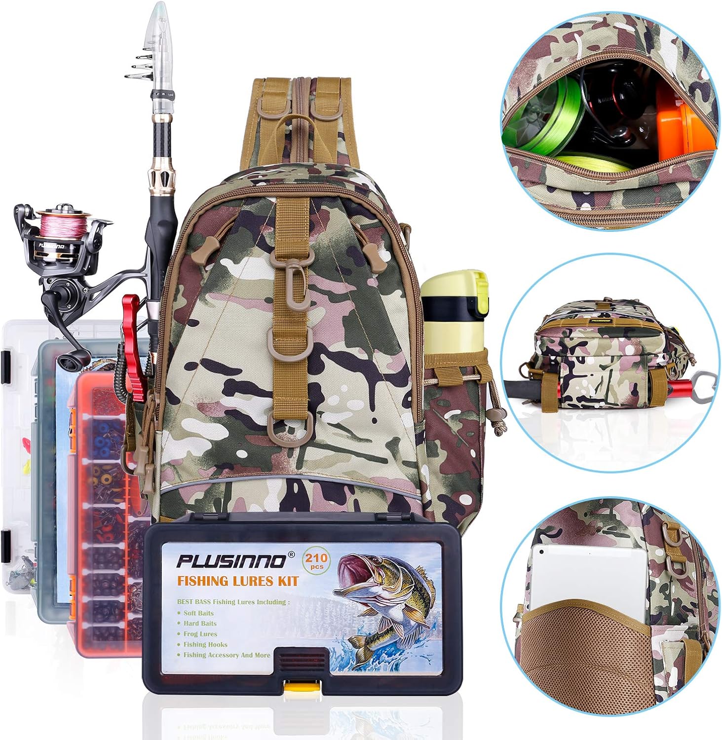 PLUSINNO Fishing Tackle Backpack Storage Bag，Outdoor Shoulder Backpack，Fishing Gear Bag，Water-Resistant Fishing Backpack with Rod Holder (Standard(14.68.75.5 inch)-Italian camo) : Sports & Outdoors