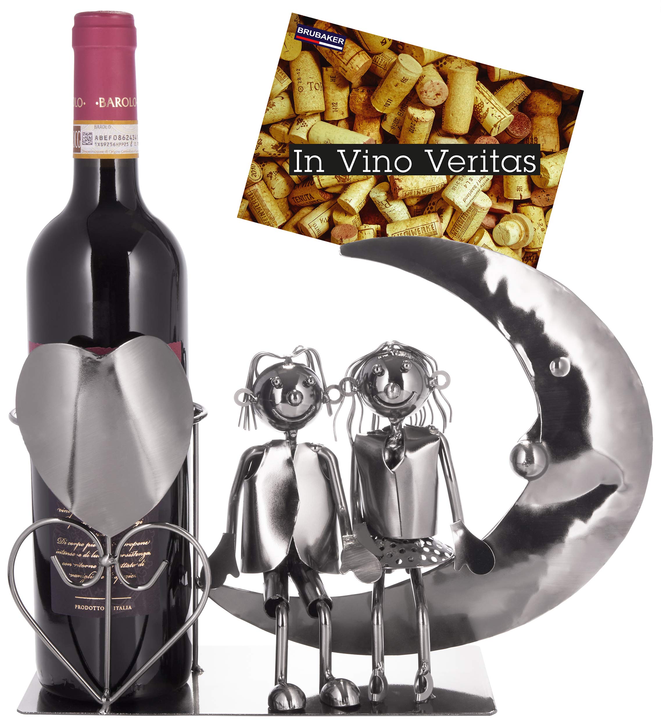 BRUBAKER Wine Bottle Holder Love Couple on The Moon - Romantic Bottle Stand - Wedding Favours - with Greeting Card for Wine Gift
