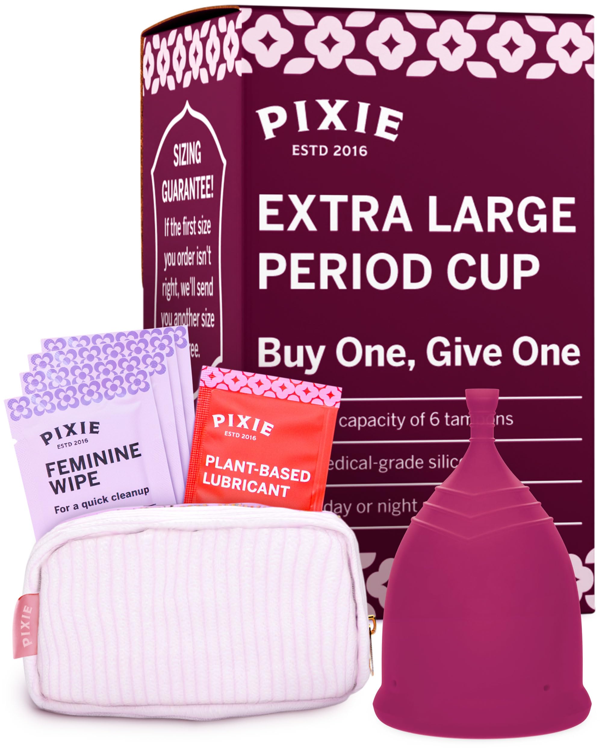 Pixie Menstrual Cup - No Metals or Toxins - 100% Medical-Grade Silicone - Ranked 1 for The Most Soft Reusable Period Cup - Wear 12 Hours - Tampon Alternative - Buy One We Give One (Extra Large)