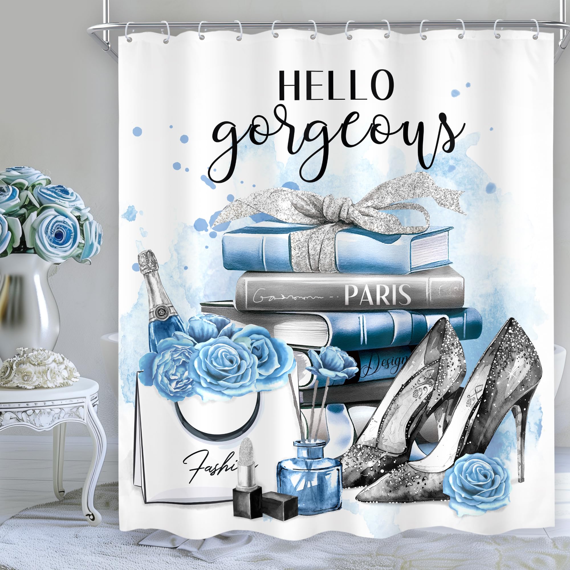 Cinbloo Girly Blue Shower Curtain 60Wx72H Silver Fashion Shower Curtain Women Girls Gray Teal Flower Perfume Bathroom Curtain Set High Heels Magazine Books Floral Bathroom Decor Fabric with 12 Hooks