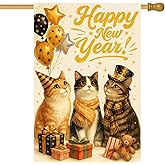 HOMETITUTE Happy New Year House Flag 28x40 Inch Double Sided Garden Flag Cats Balloons Gifts and Fireworks Design Winter Holiday Yard Banner Large Outdoor Polyester Flag for Porch Lawn Home Decoration