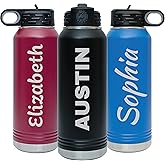 Next Day Shipping, Personalized Laser Engraved 12 20 32 40 oz Water Bottle with Name, Stainless Steel Double Wall Vacuum Insulated with Lid and Straw Custom Water Bottle (Name)