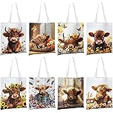 Kuabiz 8 Pcs Spring Highland Cow Tote Bags for Women Western Highland Cow Shoulder Bags Reusable Grocery Bag for Travel Work Shopping Cows Lovers Gifts