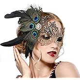 Zinniday Lace Masquerade Masks for Women - 1920s Peacock Feather Venetian Mask for Halloween Couples Carnival Ball