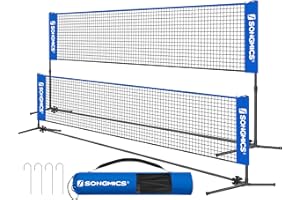 SONGMICS Badminton Net, Height Adjustable Volleyball Net, Pickleball Net for Junior Tennis, Kids, Indoor Outdoor Court, Foldable Nylon Net with Poles 10ft/13ft/16.5ft Wide