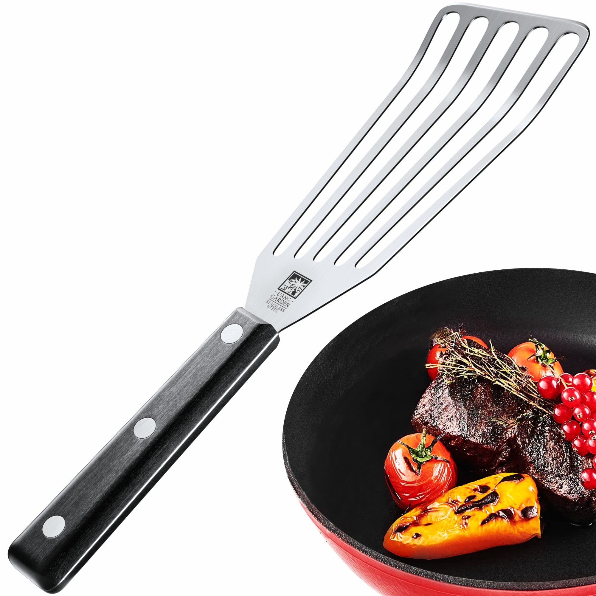 Photo 1 of **HANDLE DAMAGED**Slotted Stainless Steel Fish Spatula - 11-inch Thin, Heat Resistant with ABS Handle - Turner for Meat, Eggs, Nonstick Cookware