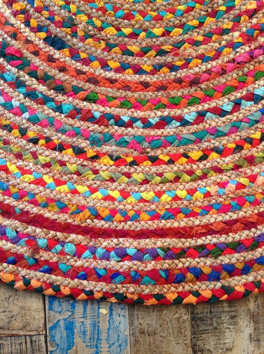 Second Nature Online Mishran Eco Friendly Medium Round Braided Rug Flat Weave with Natural Jute and Multi Colour Recycled Material 90 cm Diameter - Image 3