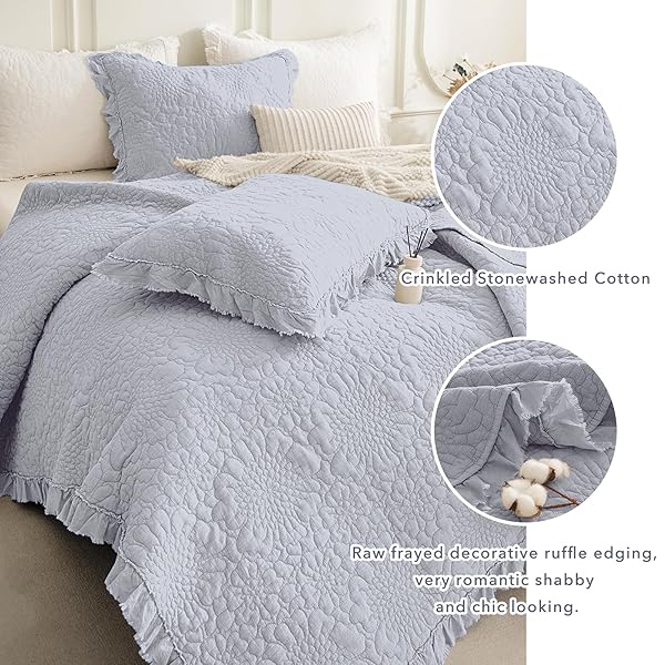 QSH CORNFLOWER BLUE STONEWASHED COTTON OVERSIZED KING QUILT BEDSPREAD SET(128″X120″),3PCS FARMHOUSE RUFFLE BEDSPREAD CALIFORNIA KING,ULTRA SOFT LIGHTWEIGHT CRINKLE QUILT COVERLET WITH PILLOW SHAMS