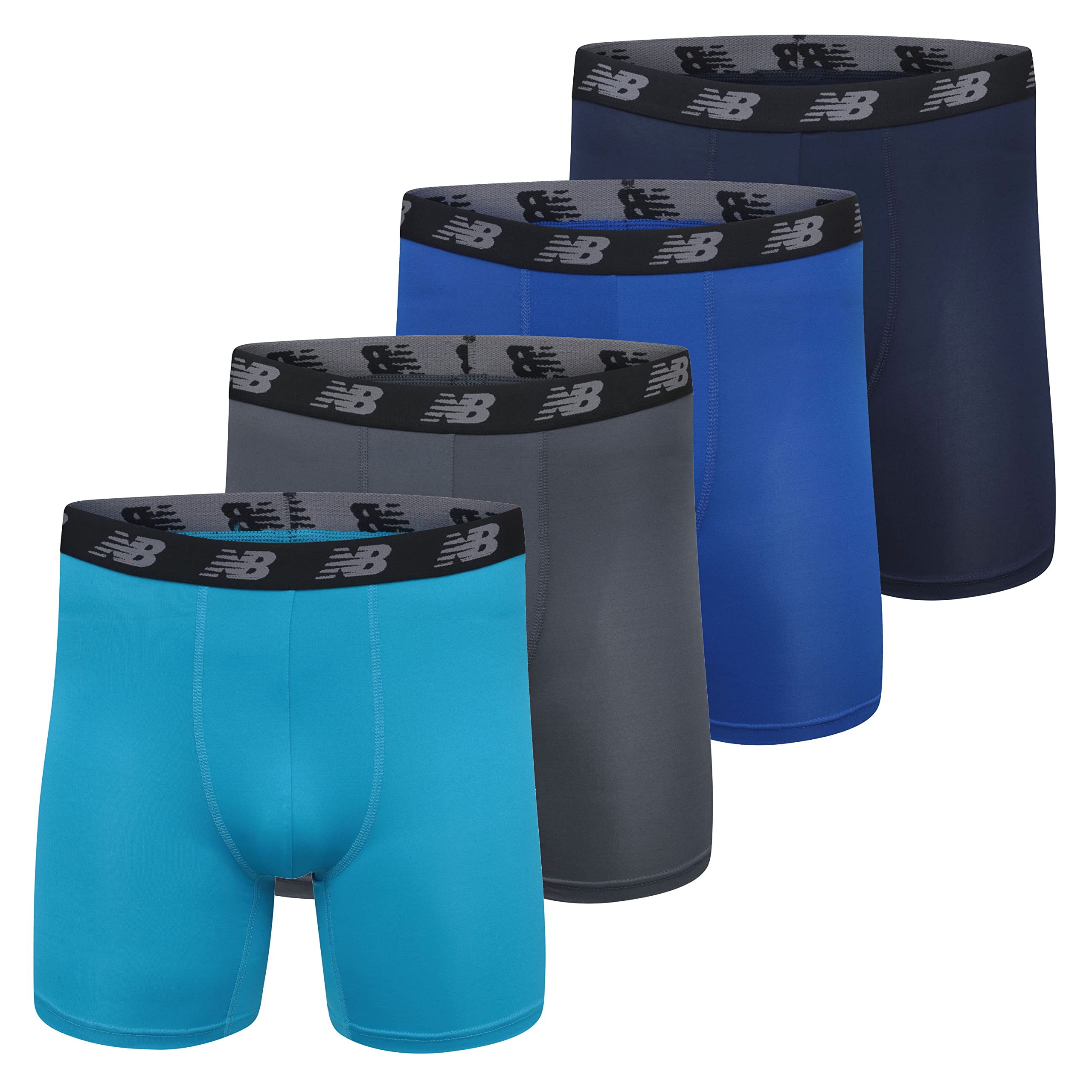 Photo 1 of New Balance Men's Performance 5" No Fly Boxer Brief, 4-Pack, Thunder/Maldives Blue/Team Royal/Pigment, Large, Model: NB3017-4