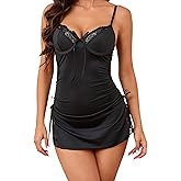 Nelibei Lingerie Women's Chemises & Negligees,Side Ruching with Slit,Adorned Lace & Bow,Nightwear Lingerie for Women