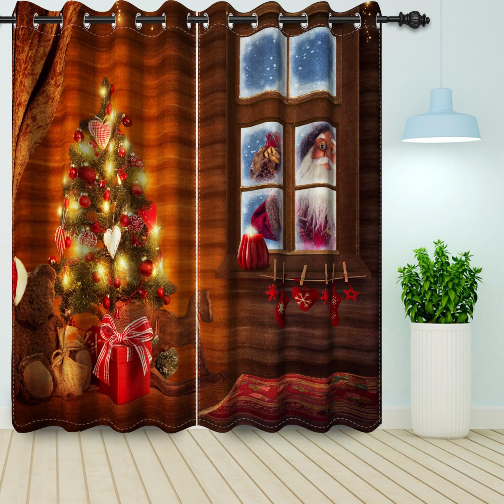 Bovlleetd Retro Christmas Blackout Curtains Santa Claus Knocks the Door Theme Xmas Tree Gift Box Window Treatment for Living Room Bedroom Blackout Curtains 140x245cm 2 Pieces
