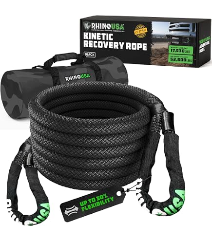 Kinetic Recovery Rope 30ft - 48,500lbs Capacity Tow Strap With Shovel, 2 Soft Shackles, Bag