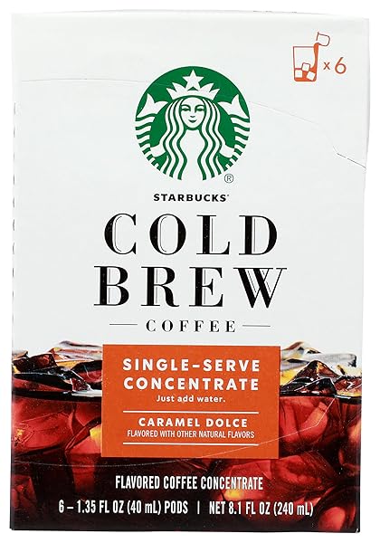 STARBUCKS COLD BREW COFFEE — CARAMEL DOLCE FLAVORED — SINGLE-SERVE CONCENTRATE PODS — 1 BOX (6 CAPSULES)