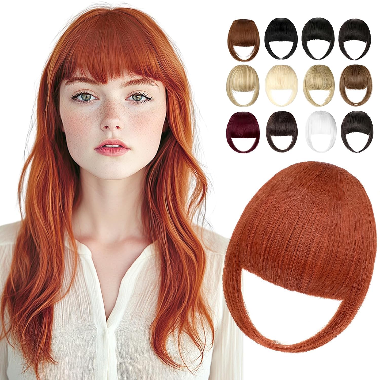 Photo 1 of Cephermer Clip in Bangs, Synthetic French Bangs Hair Clip, Fake Bangs Fringe with Temples Hairpieces for Women Natural Curved Hair Extensions for Daily Wear Copper Red