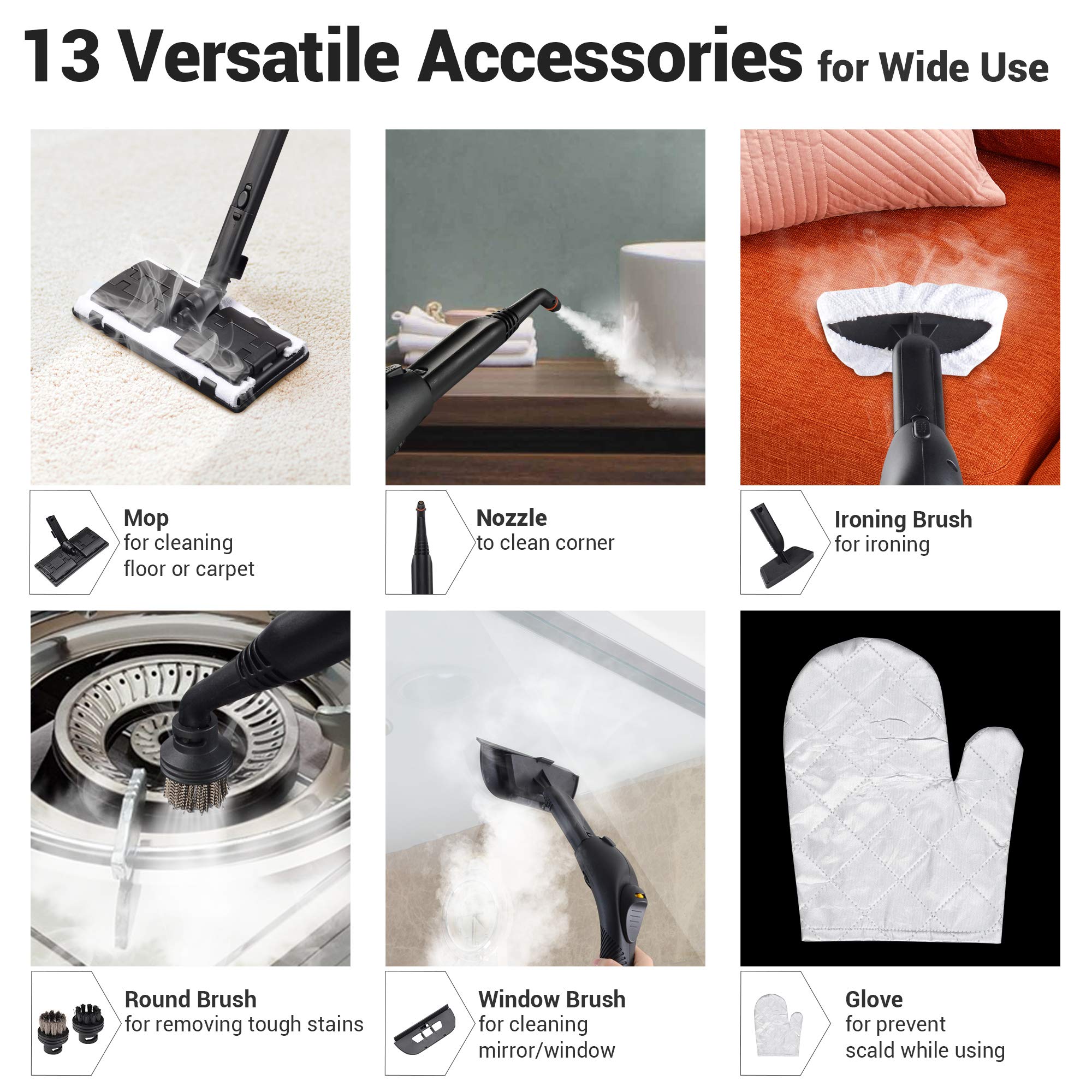 Yescom 1500W Multipurpose Steam Cleaner Heavy Duty Steamer 13 Accessories with 1.5L Tank Non-Chemical Rolling Cleaning Machine for Carpet, Floors, Windows,Mirrors,Glasses and Cars