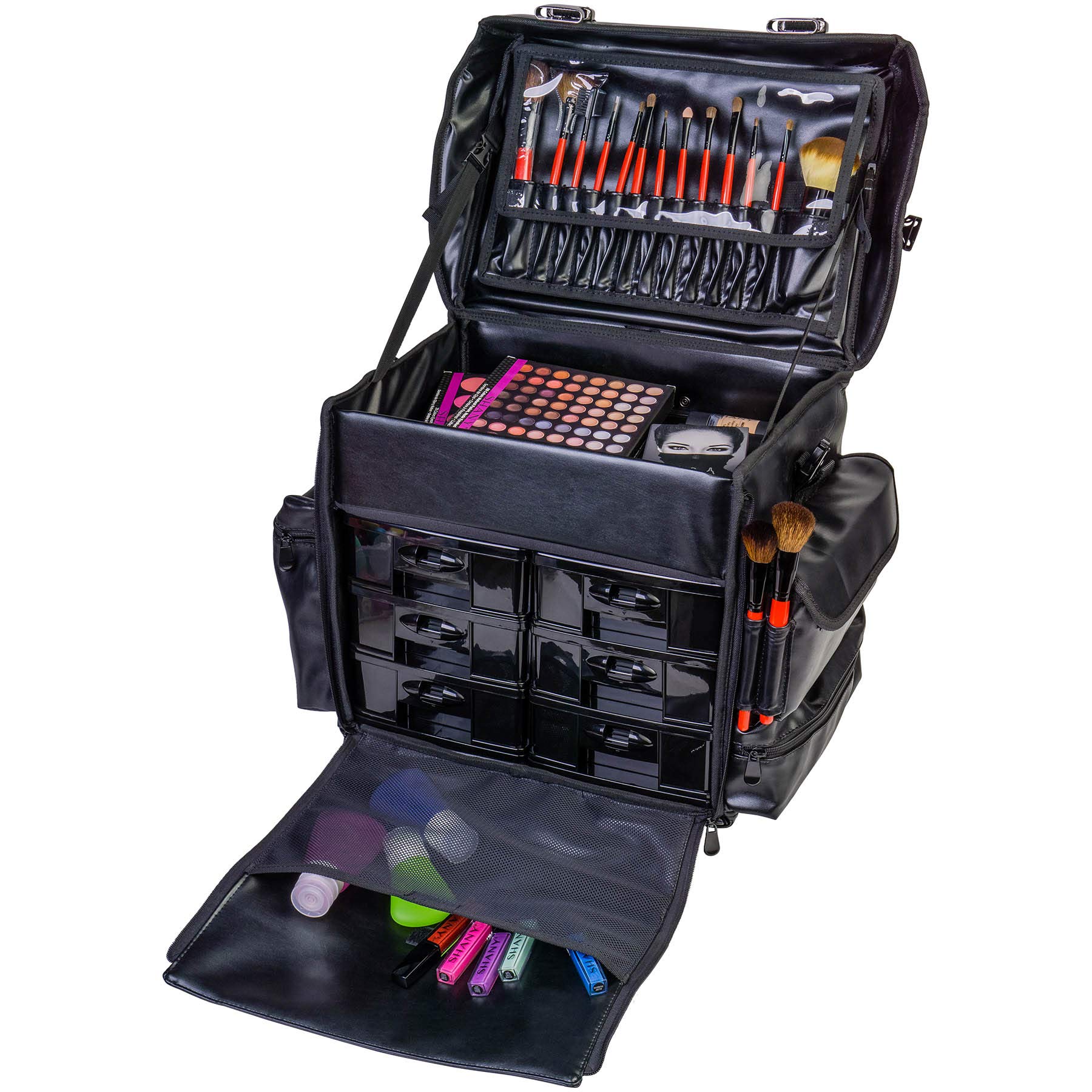SHANY Makeup Artist Soft Rolling Trolley Cosmetic Case with Free Set of Mesh Bag Makeup Organizer - Travel Rolling Makeup Bag - Head Turner