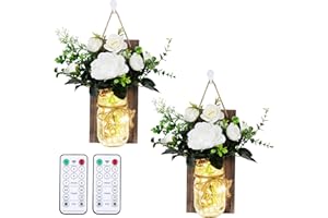 Anpro Mason Jars sconces with Lights,Decorative Mason Jar Wall Decor,Rustic Wall Sconces with 6-Hour Timer LED Fairy Lights and Flowers (2 Pack) Iron Hooks for Christmas,Halloween Decorations