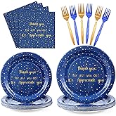 Geyoga 96 Pcs We Appreciate You Plates and Napkins Thank You Tableware Set We Appreciate Party Decoration Volunteer Employee Staff for Festival Celebration Party Supplies(Blue and Gold,Thankful)
