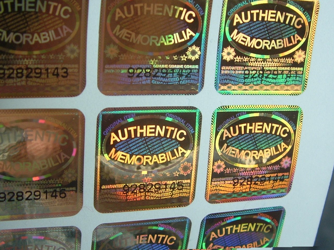 1000 Memorabilia Specific Tamper-Evident Gold Hologram Security Labels with Unique Serial Number Per Label