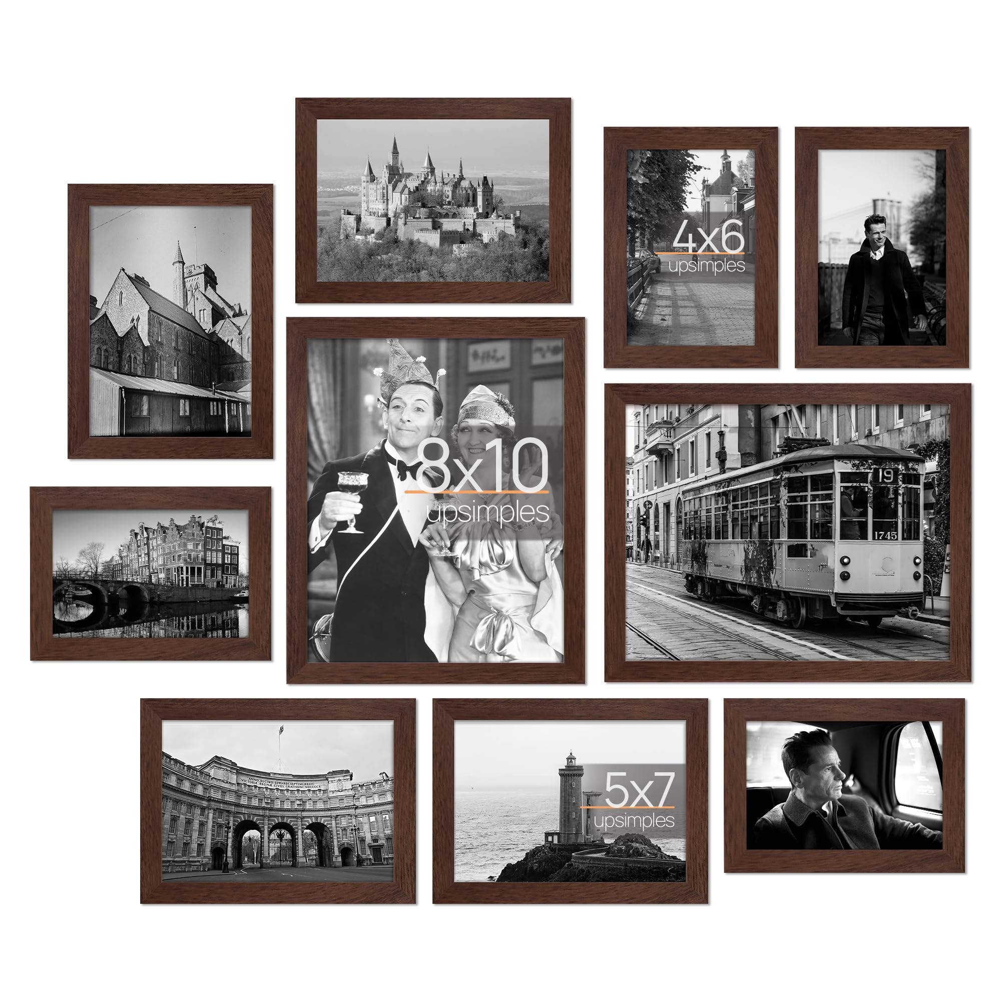 upsimples 10 Pack Picture Frames Collage Wall Decor for Mounting or Tabletop Display, Photo Gallery Frame Set for Family, Multi Sizes Including 8x10, 5x7, 4x6, Brown