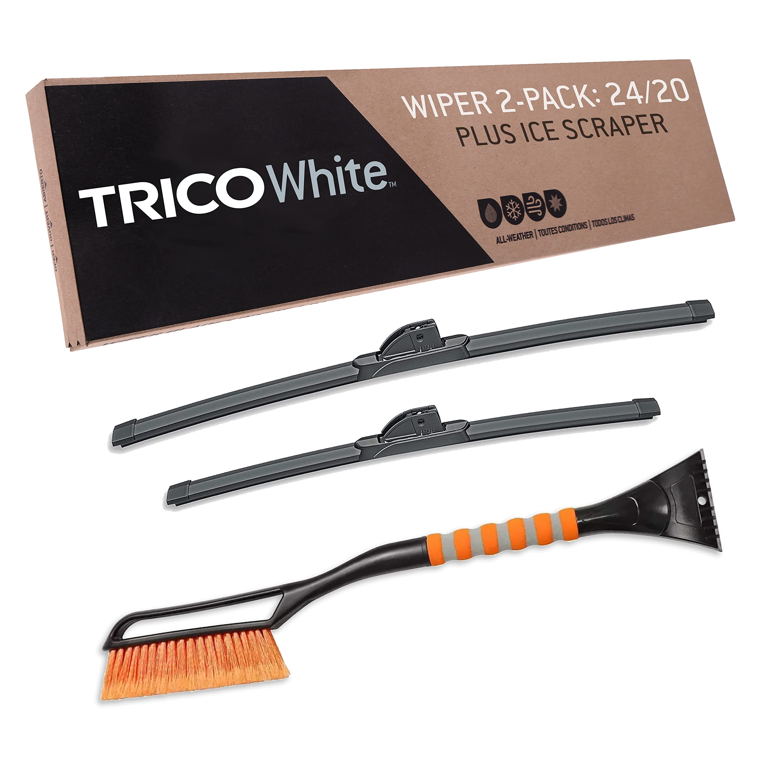Photo 1 of ***Missing the connecting pole***TRICO White 24" + 20" Extreme Weather Premium Winter Automotive Replacement Windshield Wiper Blades (Set of 2), Passenger and Driver Side All-Weather Beam Wiper Blades with Ice Scraper***Missing the connecting pole***