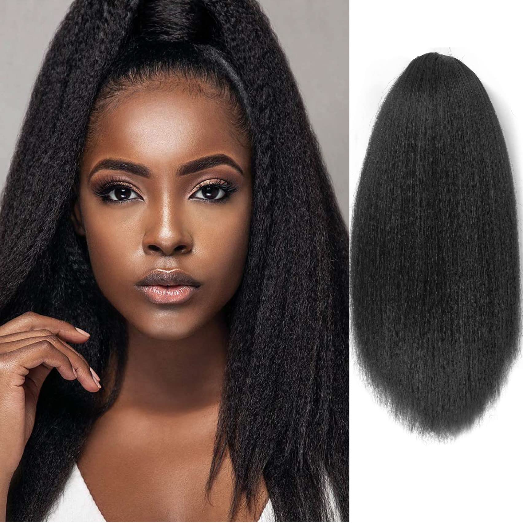 Photo 1 of Long Yaki Straight Drawstring Ponytail for Black Women Synthetic Thick Black Kinky Straight Ponytail Hairpieces 20 inch Clip in Ponytail Extension for Girl Daily Use(1B Black)