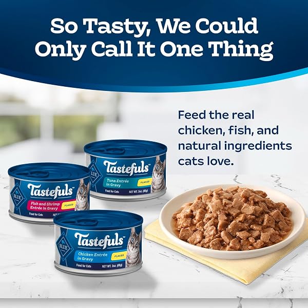 BLUE BUFFALO TASTEFULS FLAKED WET CAT FOOD VARIETY PACK, MADE WITH NATURAL INGREDIENTS, TUNA, CHICKEN, FISH & SHRIMP, 3-OZ CANS (12 COUNT, 4 OF EACH)