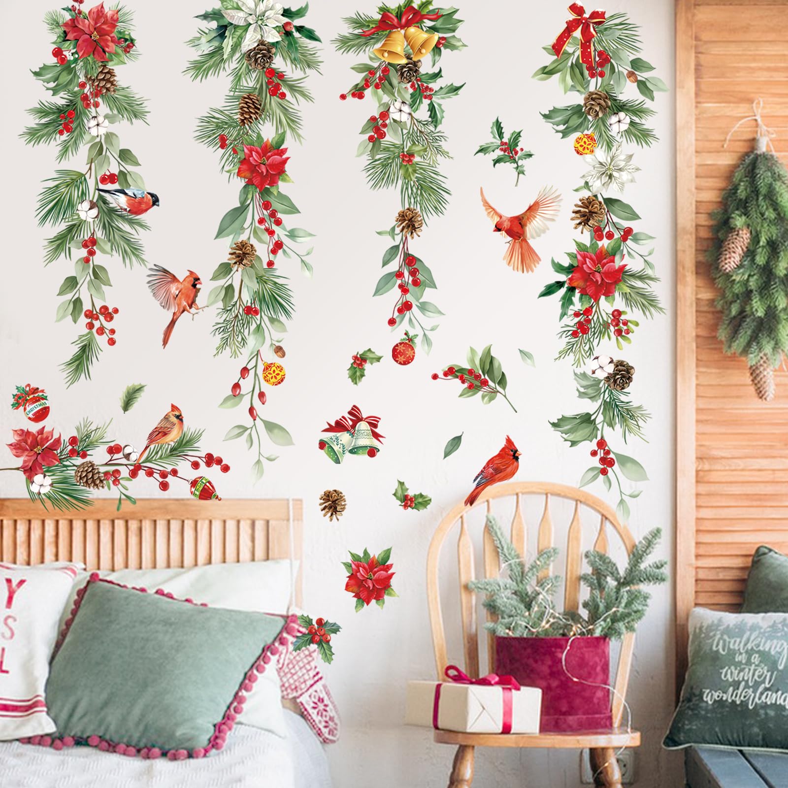 decalmile Christmas Hanging Vine Window Wall Decals Green Leaves Flowers Wall Stickers Cardinal Birds Window Clings Room Door Christmas Party Window Showcase Decorations — image 1