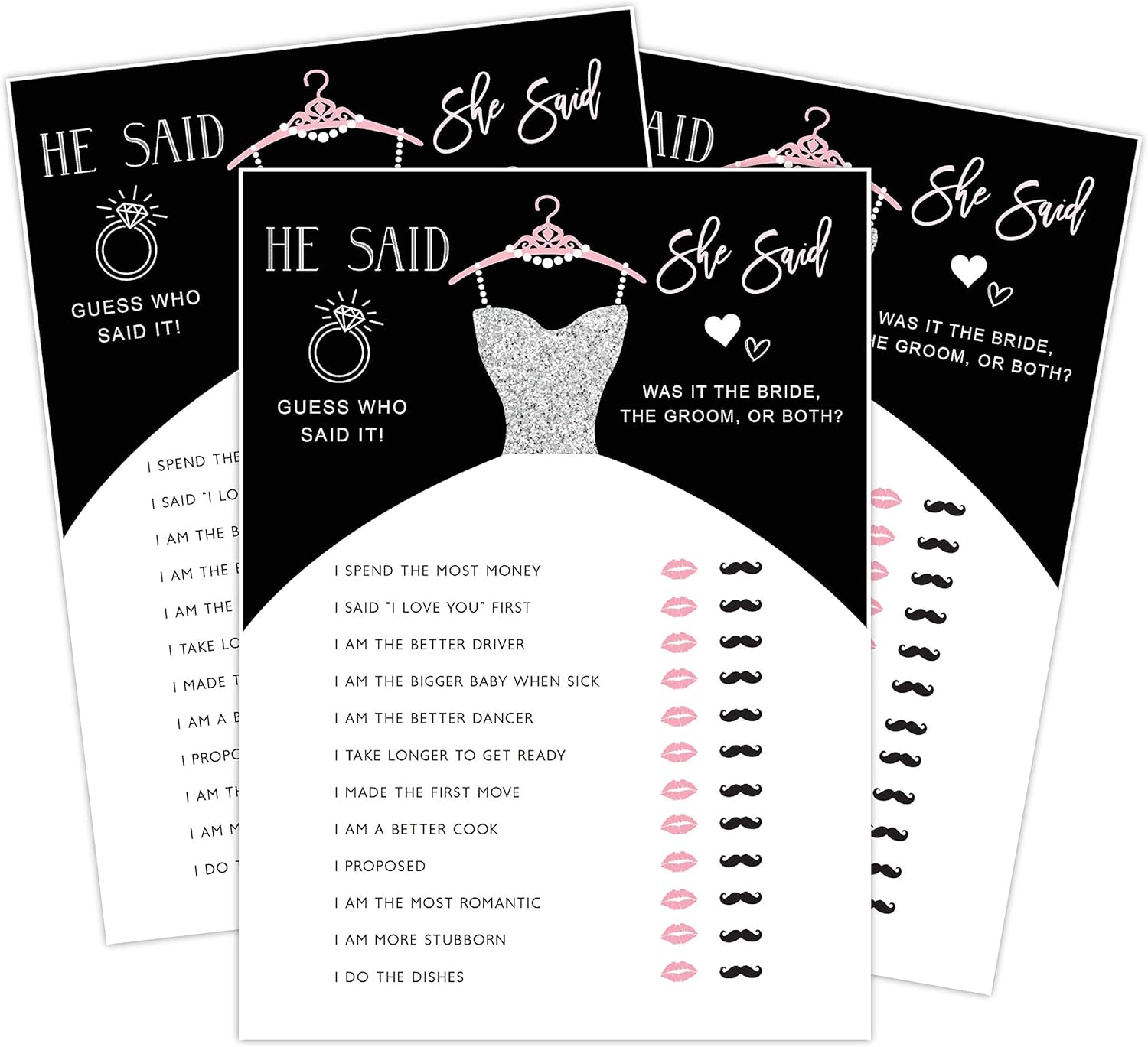 Bridal Shower Games He Said She Said, Bachelorette Parties, 50 Game Cards Included