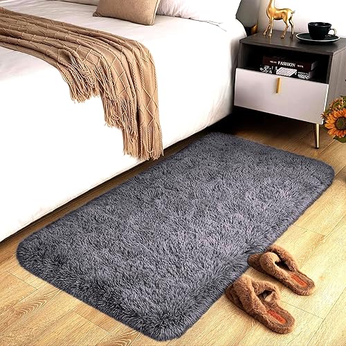 Hafaa Rugs Living Room – Grey Area Rugs for Bedroom Non Slip – Fluffy Shaggy Rug Super Soft Small Thick Pile Non-Shedding Plush Carpet for Lounge, 60cm x 110cm