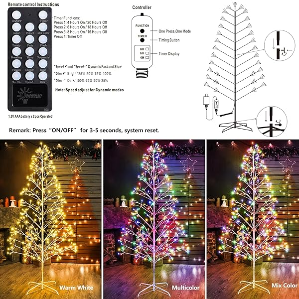 JOOMER CHRISTMAS TREE WITH LIGHTS,7.6FT 336 LED BIRCH TREE COLOR CHANGING ARTIFICIAL TWIG LIGHTS WITH REMOTE CONTROL TIMER OUTDOOR FOR CHRISTMAS DECOR (WARM WHITE TO MULTICOLOR)