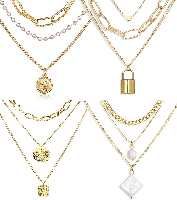 EIELO 14K Gold Plated Layered Choker Necklaces for Women Statement Punk Lock Heart Disc Coin