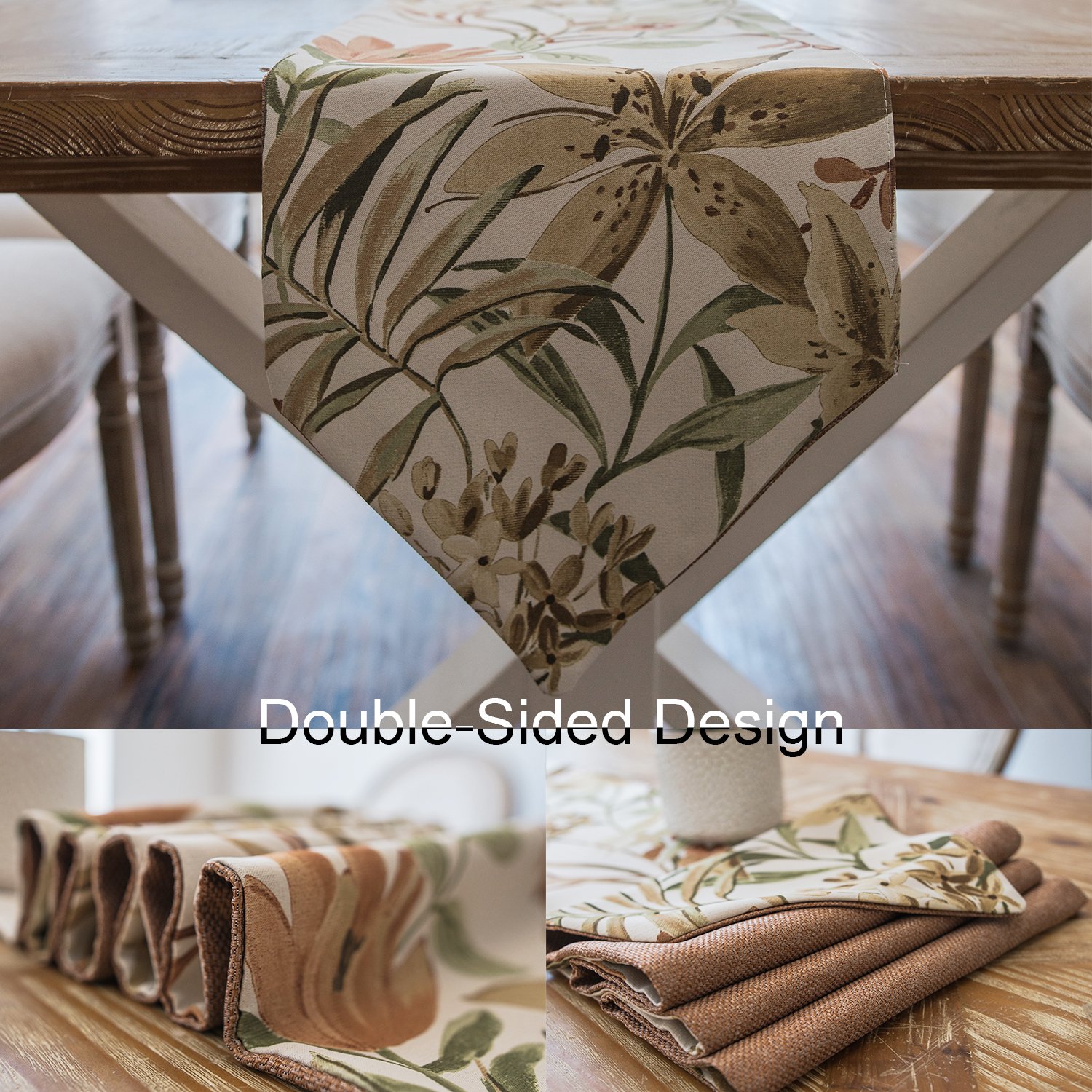 Foulola Folding Table Runner Rug,Burlap Linen,12X104inch, Double Sided Design (Pure Brown and Chinese Painting Style),For Dining, Party, Wedding, Coffee, Home Decoration