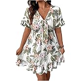SOLY HUX Women's Plus Size Boho Floral Print Short Sleeve Dress Ruffle Hem V Neck Short Dresses
