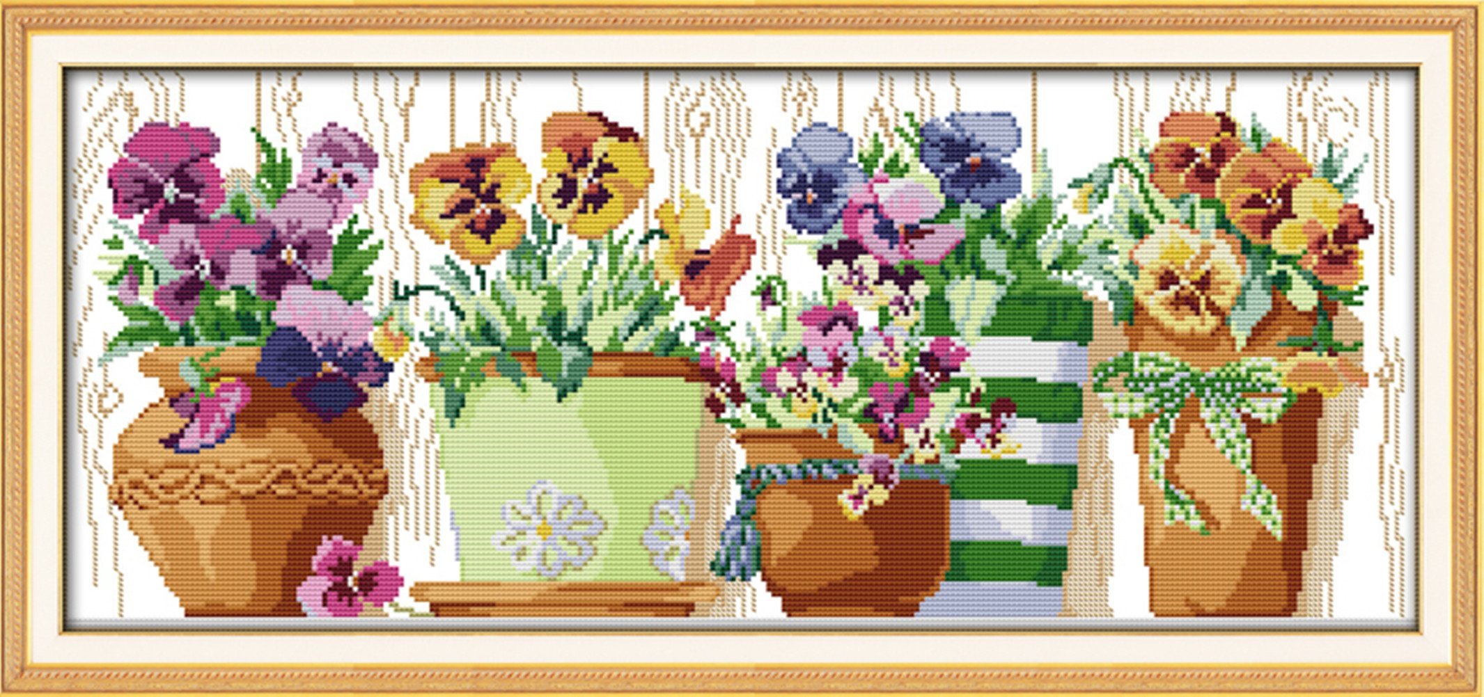 YEESAM ART® New Cross Stitch Kits Advanced - Flower Pot On The windowsill 14 Count 56x27 cm White Canvas - Needlework Christmas Gifts